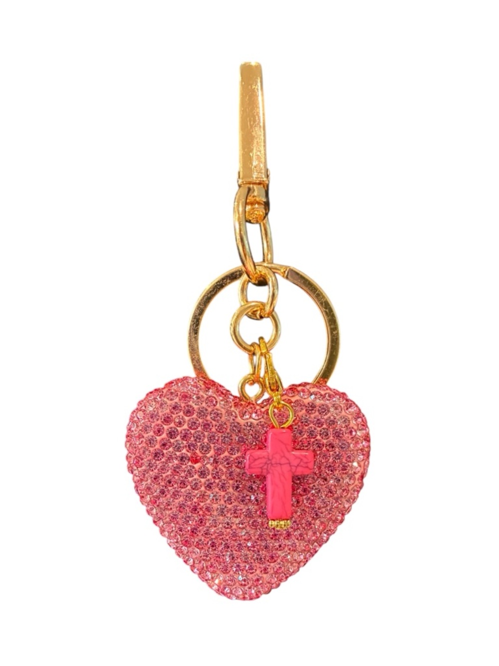 Pink Crystal Heart Keychain with Cross Charm